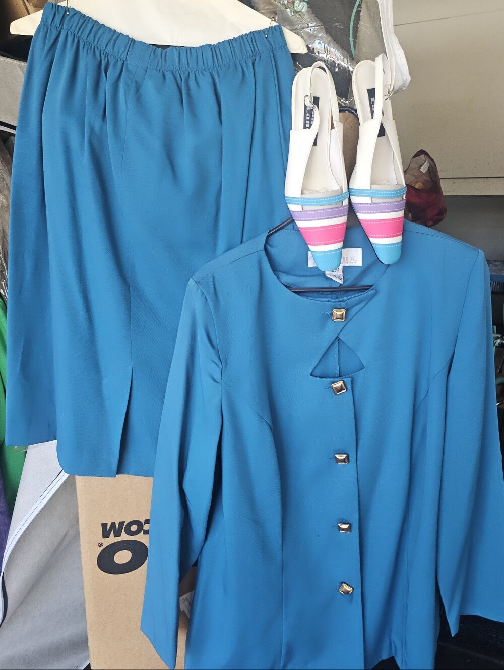 Blue Women's Two-Piece Jacket and Skirt Set Shoes Included